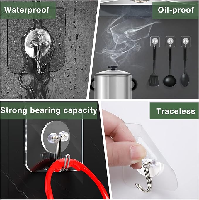 AROIC 58 Packs Adhesive Hooks for Hanging, Hook Heavy Duty Self Adhesive Wall Hooks 20 lbs / 9 kg (Max), Removable, Waterproof Hook for Bedroom Kitchen Bathroom