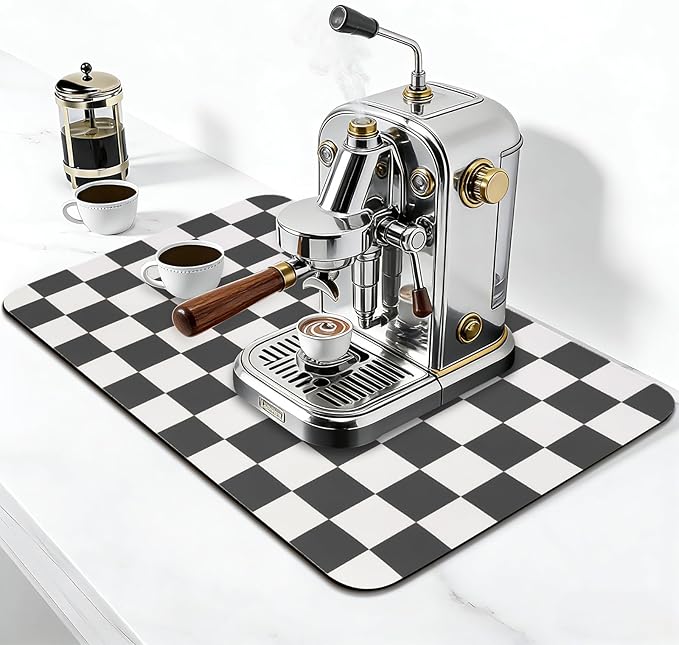 Checkered Dish Drying Mat for Kitchen Counter, Absorbent Non-Slip Coffee Mat, Heat Resistant Mat for Countertops Coffee Bar Decor 16" x 24" Black