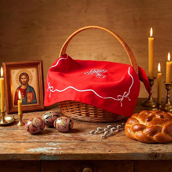 Easter Orthodox Pascha Basket Cover Table Decoration Easter Religious Gift 16.5" Square Orthodox Red Cross Embroidered Natural Crochet Large Cloth Communion Prosphora Greek Christian Altar