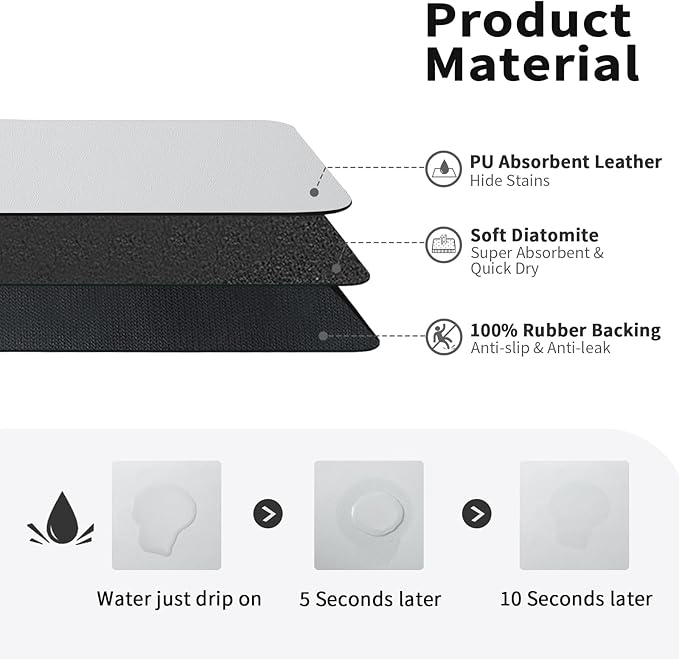 Dish Drying Mat for Kitchen Counter, Heat Resistant Drainer Mats with Non-slip Rubber Backed, Hide Stain Kitchen Super Absorbent Draining Mat, Easy to Clean Dish Rack Pad, Light Grey 18"x24"