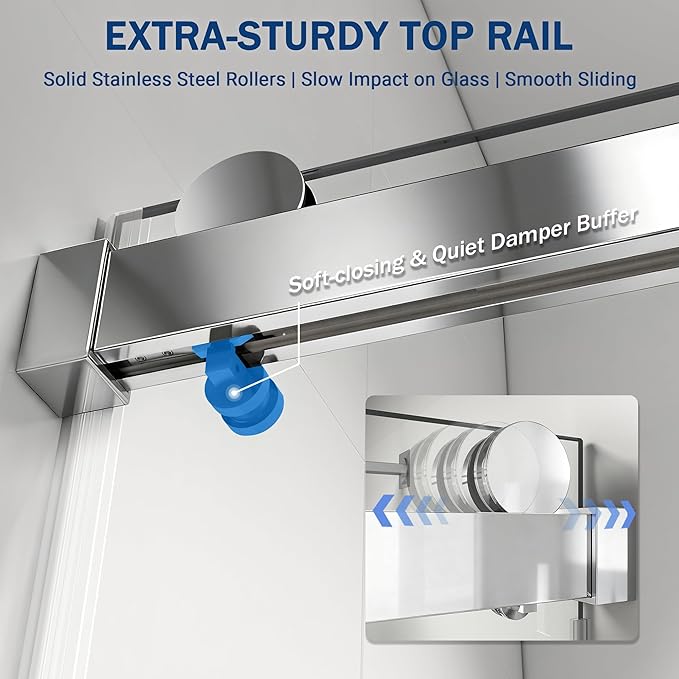 Abruzzo 76" Frameless Shower Door Single Sliding - 1/4" Tempered Glass Soft Close, Chrome, Adjustable 56-60" Width