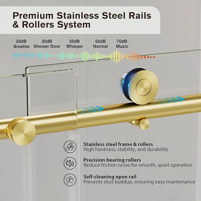 Bathtub Shower Door Frameless, 55-60" W x 60" H Sliding Tub Shower Door, 1/4''(6mm) SGCC Tempered Glass with Explosion-Proof Film Nano Coating, Stainless Steel Hardware, Brushed Gold