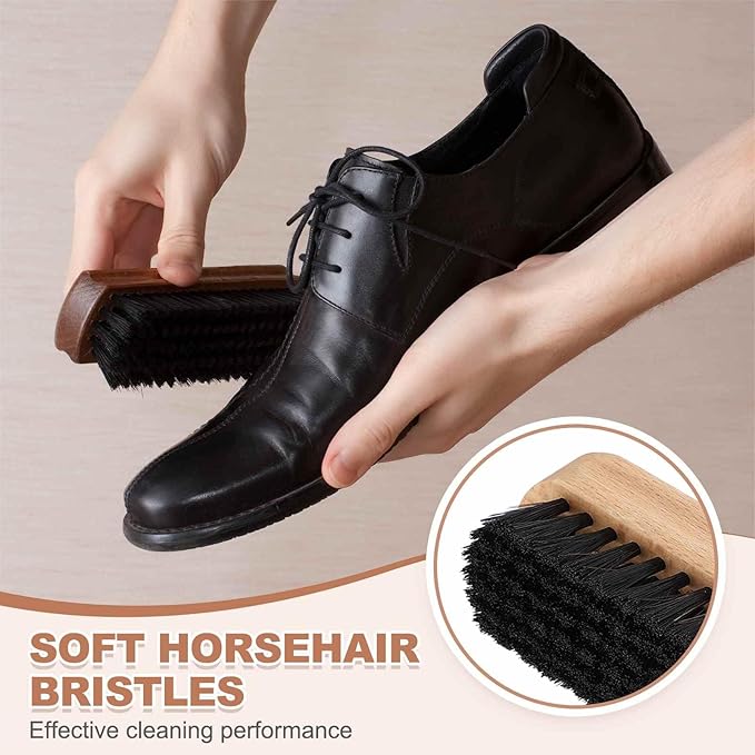 HARFINGTON Shoe Cleaning Brush 6"x2" Beech Wood Horsehair Boot Polish Brushes for Leather Shoes Boots Cloth Cleaner, Black Wood