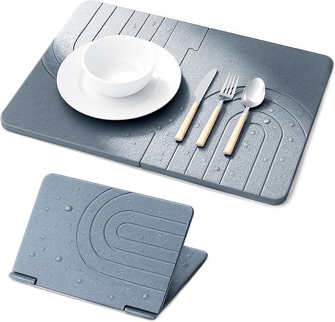 Stone Drying Mat for Kitchen Counter with 5 Wooden Feet, Dark Gary 19.7"×14.7" Diatomaceous Earth Dish Drying Mat, Elevated Drying Stone Mat for Modern Kitchen Countertop (Light Gray, Small)