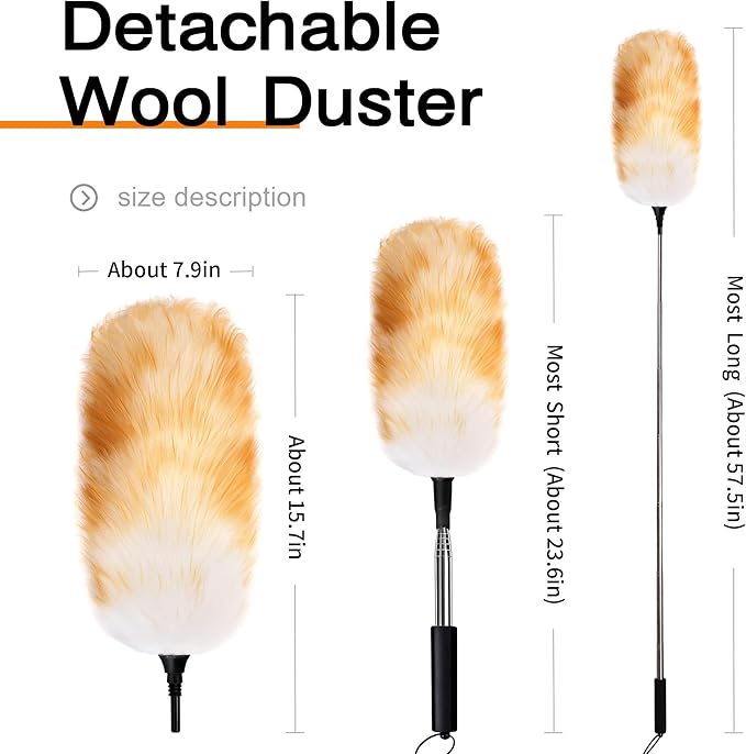 Feather Duster Lengthen Extendable Lambswool Feather Duster with Extension Pole Up to 59 Inch,Used for Home Cleaning Ceilings Furniture Fans Washable