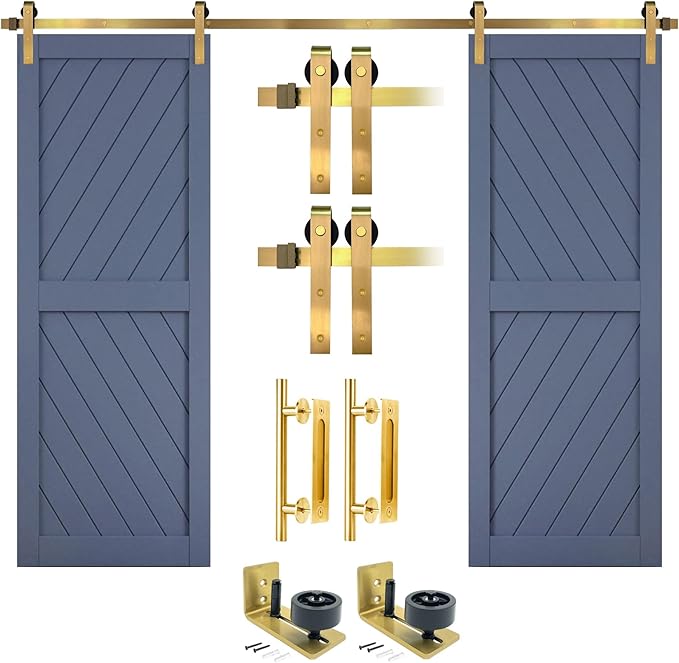 Rio Salto Gold Barn Door Hardware Kit Adjustable Length Sliding Door Hardware Modern Barn Interior Brushed Brass Panel Hardware Hardware Kit Plus, 12 Feet - Double Door - Door NOT Included