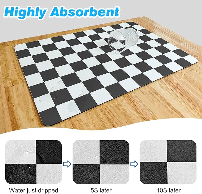 Checkered Dish Drying Mat for Kitchen Counter, Absorbent Non-Slip Coffee Mat, Heat Resistant Mat for Countertops Coffee Bar Decor 17" x 32" Black