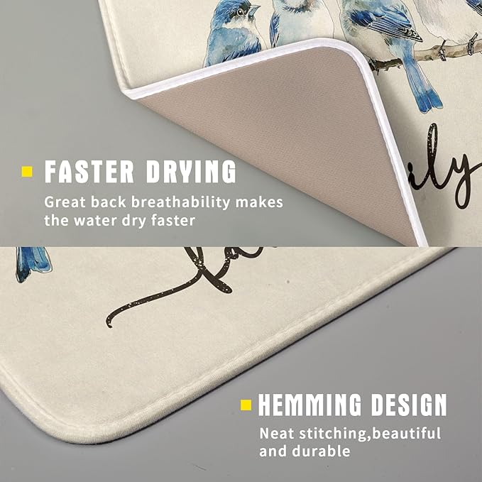 Home Blue Bird Family Dish Drying Mat for Kitchen Counter,Spring Summer Drying Mat 16 x 18 Inch with Absorbent Reversible Microfiber Drying Pad for Coffee Bar