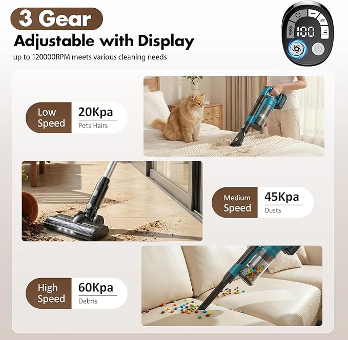 Cordless Vacuum Cleaners for Home with 2*Battery 8000mAh, Brushless Rechargeable Stick Vacuum with 3 Mode, 6 In 1 Portable Handheld Cordless Vacuum for Pet Hair /Hardwood Floor/Dorm/Carpet (Blue)