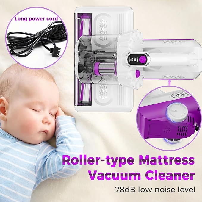 winterbear Mattress Vacuum Cleaner, 17Kpa Suction 500W High Power Handheld Roller-Type Bed Vacuum Cleaner with U-V-C Light & High Heating & Ultrasonic Tech, 2 * 30000Rpm Brush Rolls, Corded, White