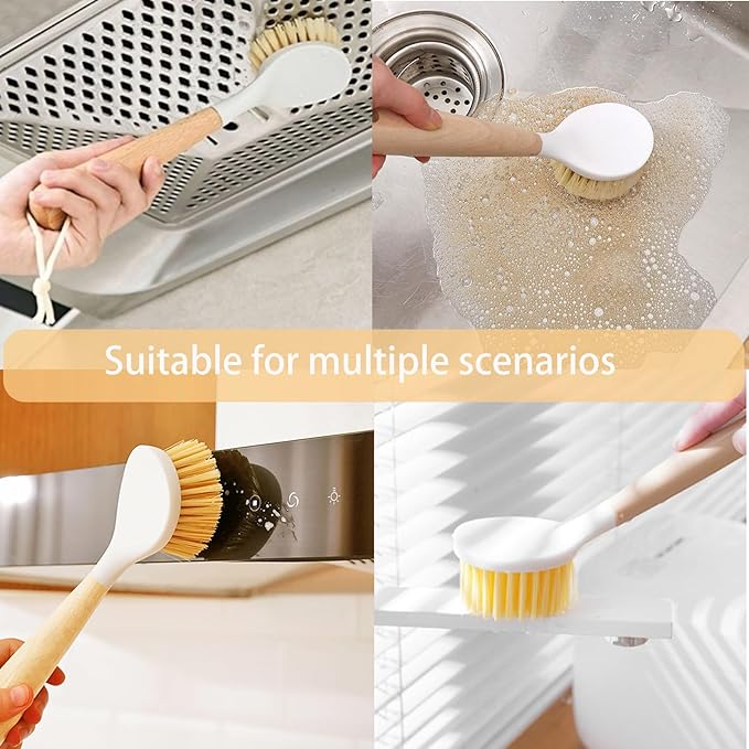 Dish Brush with Built-in Scraper, Non-Slip Durable Plastic Handle Heavy Duty Scrubber for Pots and Pans, Kitchen Sink Cleaning Caked-On Food, 2 Pack