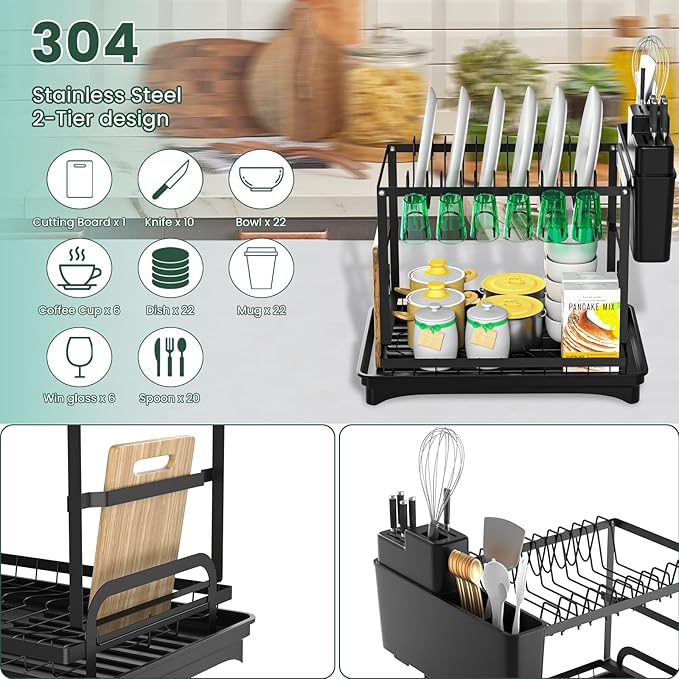 Dish Drying Rack,2-Tier Dish Racks for Kitchen Counterwith Drainboard & Utensil Holder, Large Dish Drying Rack for Bowls/Cups/Bottles(Black)