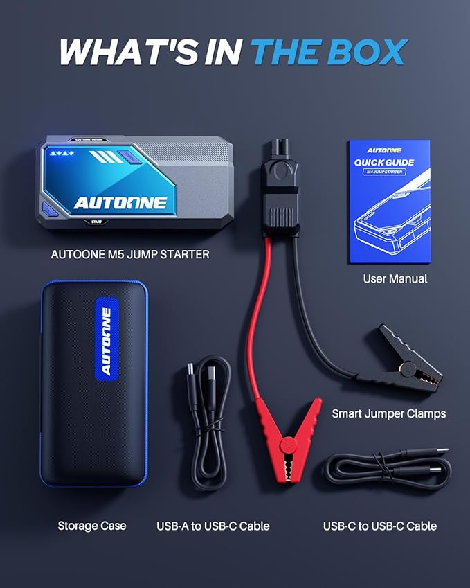 AUTOONE M5 8500A Car Jump Starter 12V Battery Jumper Starter Portable (All Gas/All Diesel) 168W DC Jump Box for Car Battery with Built-in Booster, Type-C Fast Charge & Jumper Cables Jump Pack