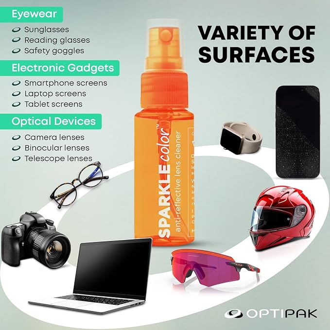 Sparkle Anti-Reflective Safe Lens Cleaner Spray Kit - (2) 1oz Glasses Cleaner Bottle & (2) Microfiber Cloth for Eyeglasses, Sunglasses, Lenses, Screens and Camera Cleaning Kit (4 Piece Set)