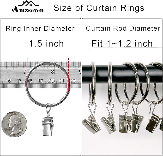 100 Pack Metal Curtain Rings with Clips, Drapery Clips Hooks, Decorative Curtain Rod Clips 1.5 in Interior Diameter, Silver