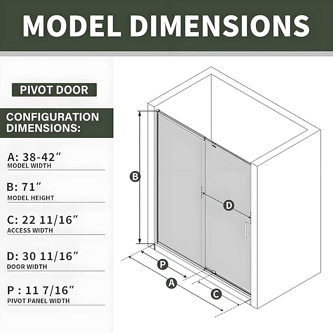 38-42" W x 71" H Pivot Glass Shower Door,Grid Pattern,1/4"(6mm) Thick SGCC Tempered Shower Glass Door,Matte Black Shower Door,Reversible Installation