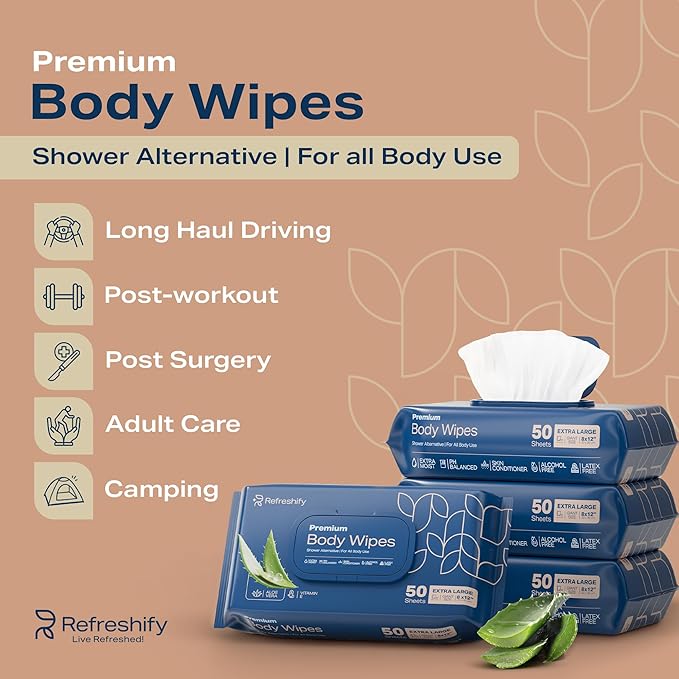 XL Aloe Vera Shower Body Wipes for Adults 8" x 12" (200 count) Adult Wipes for Elderly, Shower Body for Adults Bathing No Rinse, Vitamin E +4 Travel