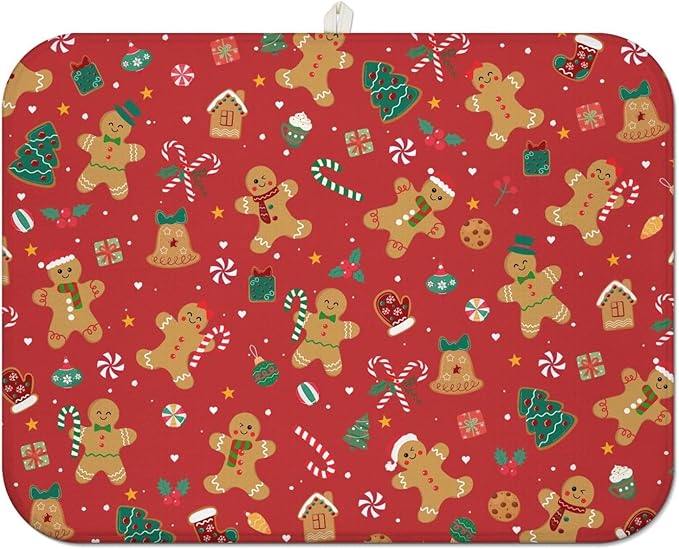 Christmas Kitchen Countertop Dish Drying Mat, Red Christmas Gingerbread Man Snowflake Pattern Microfiber Kitchen Drying Mat, Washable Absorbent Countertop Xmas Winter Holiday Dish Mat Drainer,18x24 In