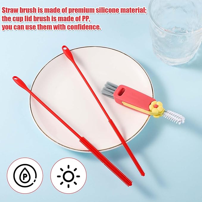 3pcs Silicone Straw Brush and Cup Lid Cleaning Brush, Ultra Long Straw Cleaning Brush Reusable Bendable Silicone Straw Cleaner Pipe Brush Cup Lid Cleaner for Cleaning Bottles Straws (6mm+8mm, Red)