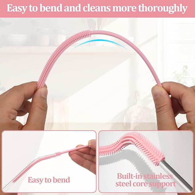 Silicone Straw Cleaner Brush, 2Pcs Straw Cleaner Brush Extra Long, Straw Brush Bristles Cleaner Brush for Cleaning Stanley, Metal Glass Straws, Drink Lid (Pink)