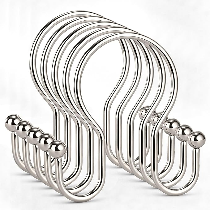 Goowin Shower Curtain Hooks, 12 Pcs Shower Curtain Rings, Stainless Steel Shower Curtain Hangers, Metal Shower Curtain Hooks Rings Rust Proof, Minimalist Shower Hooks for Shower Curtain, Nickel