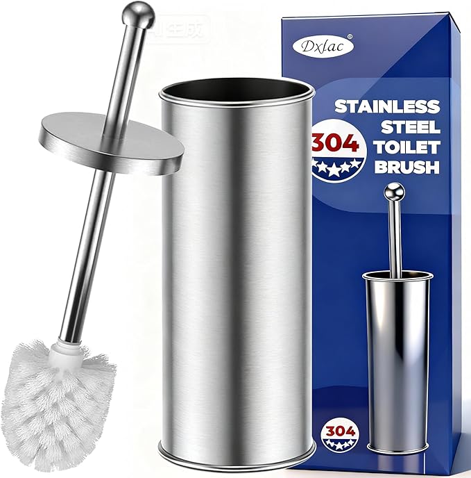 Toilet Brush and Holder Set: 304 Stainless Steel Toilet Bowl Brush for Bathroom Deep Cleaning,Removable Inner Bowl and Splash Protection,Compact and Durable (Silver)