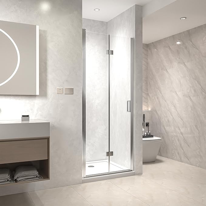 Frameless Bi-Fold Shower Door 32" W x 72" H, 1/4" Clear Tempered Glass, Folding Swing Design, Reversible Installation, Chrome Finish, Space-Saving Glass Shower Door for Small Bathrooms