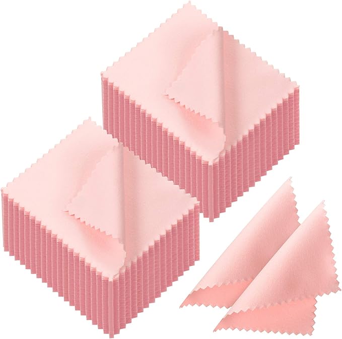 Tatuo 200 Pieces Jewelry Polishing Cloth 2.36 x 3.15 Inch Double-Sided Polishing Cloths Silver Glasses Cleaning Tools for Gold Silver and Platinum Jewelry Watch Coins Glasses(Pink)