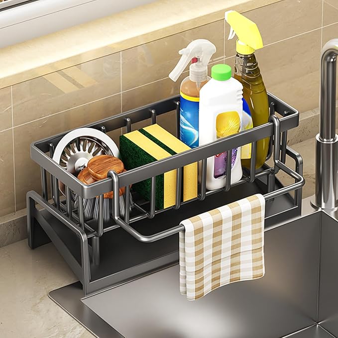 Kitchen Sink Organizer with Drain Tray, Sponge Holder, Brush Storage, Auto-Drying Rack for Dish Soap, Cleaning Tools, Countertop or Sink Caddy for Kitchen Decor