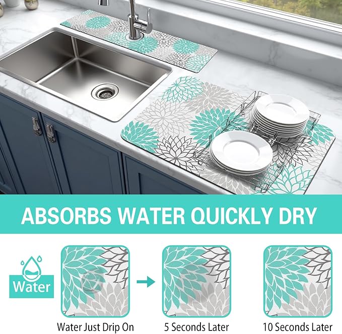 Dish Drying Mat for Kitchen Counter Matt, 2PCS 24"x18" Dish Drainer Mat & 24"x5.5" Sink Splash Guard, Super Absorbent Non-slip Rubber Backed