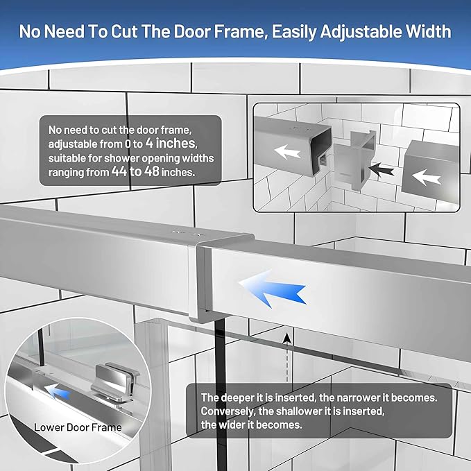 Pivot Glass Shower Door, 44–48" W x 71" H, 1/4"(6mm) Clear SGCC Tempered Glass, Chrome Finish, Magnetic Closure, Reversible Installation