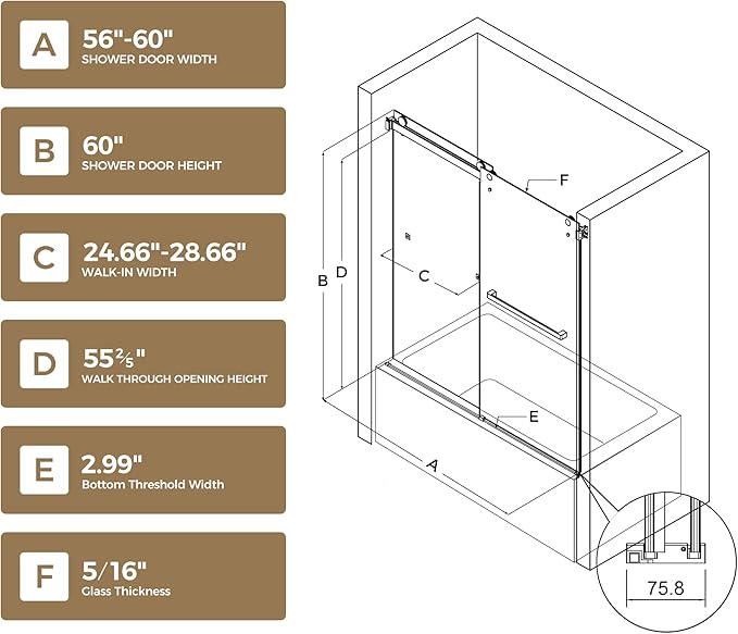 56-60"W x 60"H Frameless Bathtub Shower Door, Double Sliding Tub Shower Glass Door, 5/16" (8mm) SGCC Tempered Glass Shower Doors with Nano-Coating and Explosion-Proof Film, Easy to Clean, Matte Black
