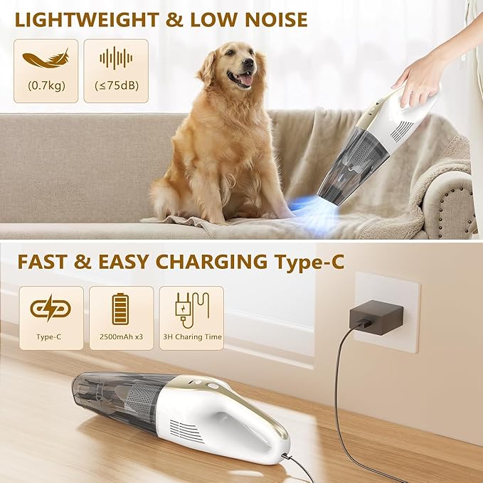 Handheld Vacuum Cordless, 16000Pa 160W Handheld Car Cordless Vacuum Cleaner with LED Screen,30Min Powerful Hand Vacuum Cordless Rechargeable Lightweight Car Vacuum Cleaner High Power