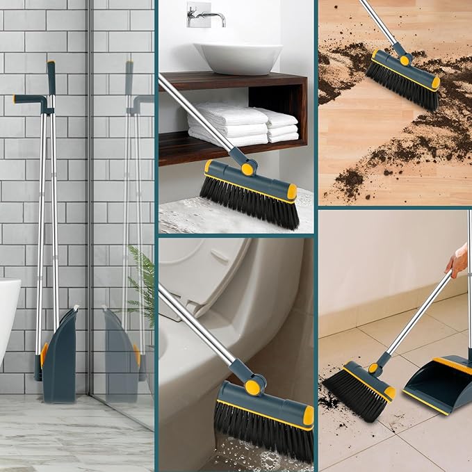Broom and Dustpan Set for Home, 180° Rotating Broom Combo, Foldable Standing Dustpan and Brush, Long Handle Broom and Dustpan Combo Set with Scraper Teeth for Cleaning Room Office Lobby Floor (B)