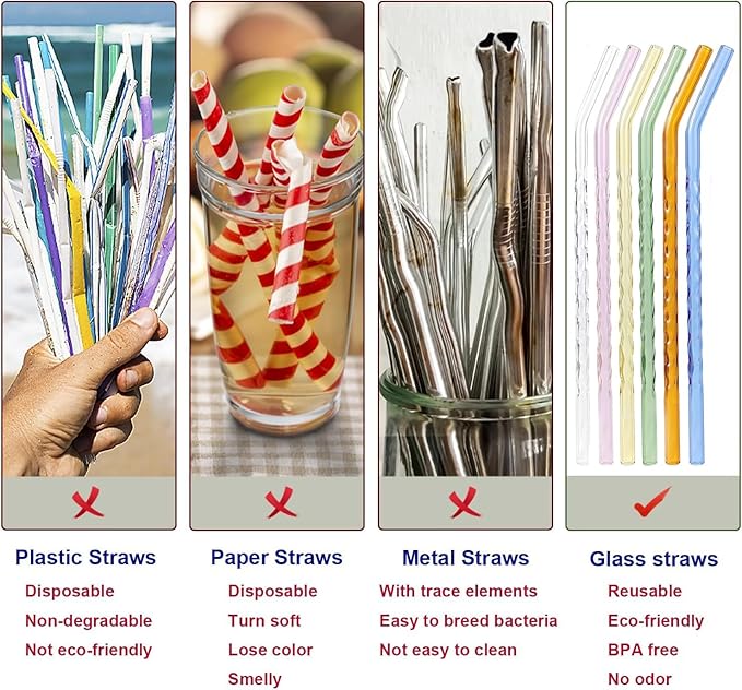 6-Pack Reusable Glass Straws Set, Clear Glass Drinking Straw, Cute Colorful Straws with Cleaning Brush, 8''x8MM