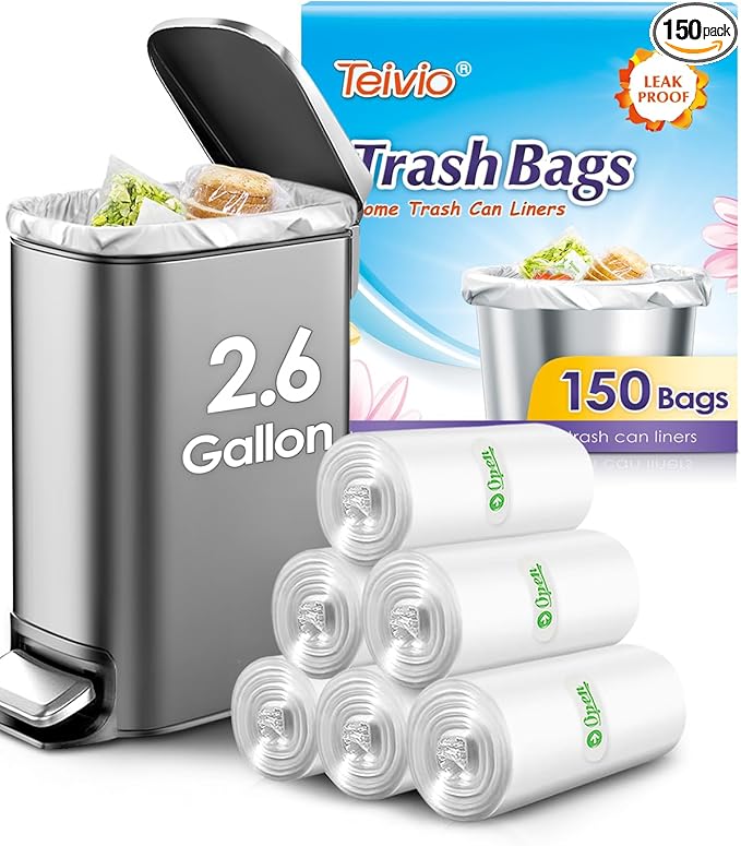 2.6 Gallon 150 Counts Small Trash Bags Garbage Bags by Teivio, Bathroom Trash Can Bin Liners, Small Plastic Bags for home office kitchen, Clear