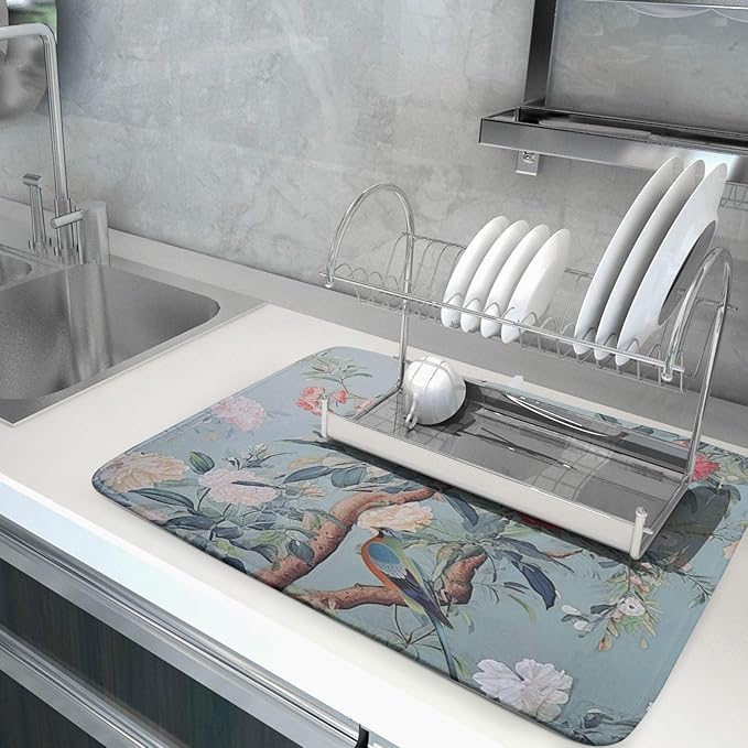 Khope Chinoiserie Dish Drying Mat for Kitchen Counter 18x24 Inch Blue Gray Vintage Bird Floral Reusable Washable Farmhouse Flower Drying Pad Countertop Home Decor