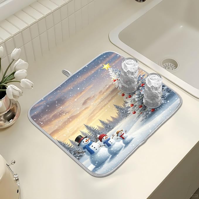 Christmas Tree and Snowman Dish Drying Mat for Kitchen Counter Absorbent Microfiber Small Winter Snowflakes Drying Pad Dish Mats for Kitchen Countertops 16 x 18 Inch