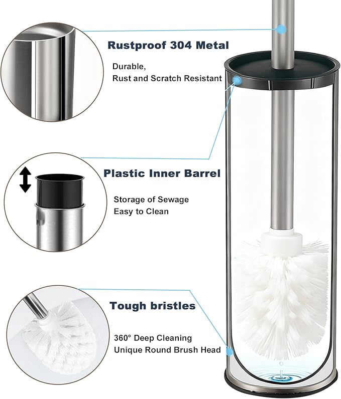 Toilet Brush and Holder Set: 304 Stainless Steel Toilet Bowl Brush for Bathroom Deep Cleaning,Removable Inner Bowl and Splash Protection,Compact and Durable (Silver)