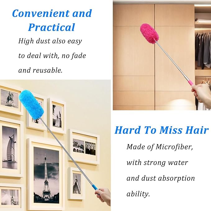 4 Pcs Washable Microfiber Feather Duster, with Extendable Pole and Bendable Head, Microfibre Cleaning Tool for Cleaning Office, Car, Computer, Furniture, Sofa