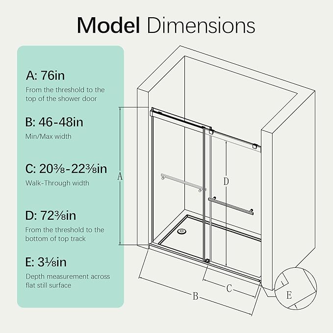 46-48" W x 76" H Soft-Close Frameless Double Sliding Shower Door, Bathroom Shower Glass Doors with 5/16" (8mm) SGCC Tempered Glass and Stainless Steel Handle, Easy to Install, Matte Black