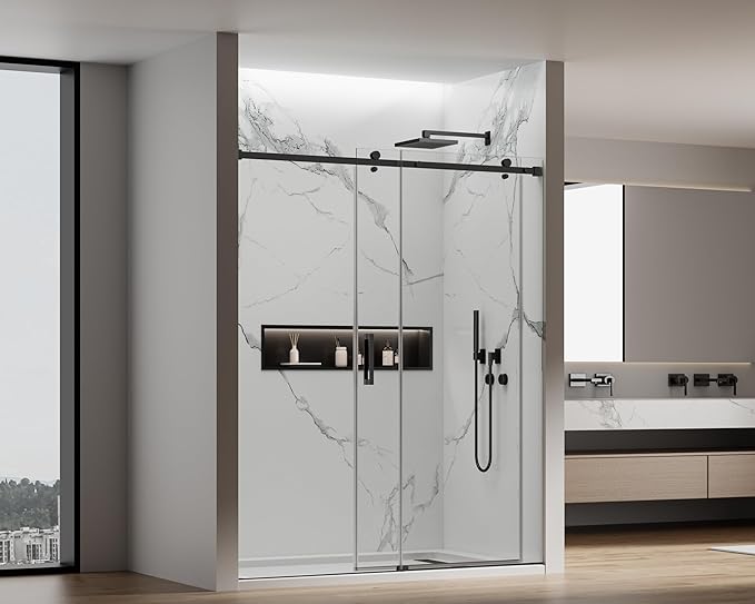 56-60" W x 74" H Frameless Sliding Shower Door, 5/16"(8mm) Clear Tempered Glass, Premium SUS304 Stainless Steel Hardware, Double Nano Coating, JVR-X02 (Matte Black)