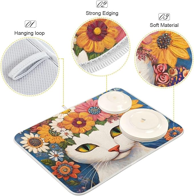White Cat Colorful Flowers Pattern Dish Drying Mat for Kitchen Counter Super Absorbent Drying Mat 18x24 inch Large Dish Drying Matts for Countertop Protector Dishes Pad