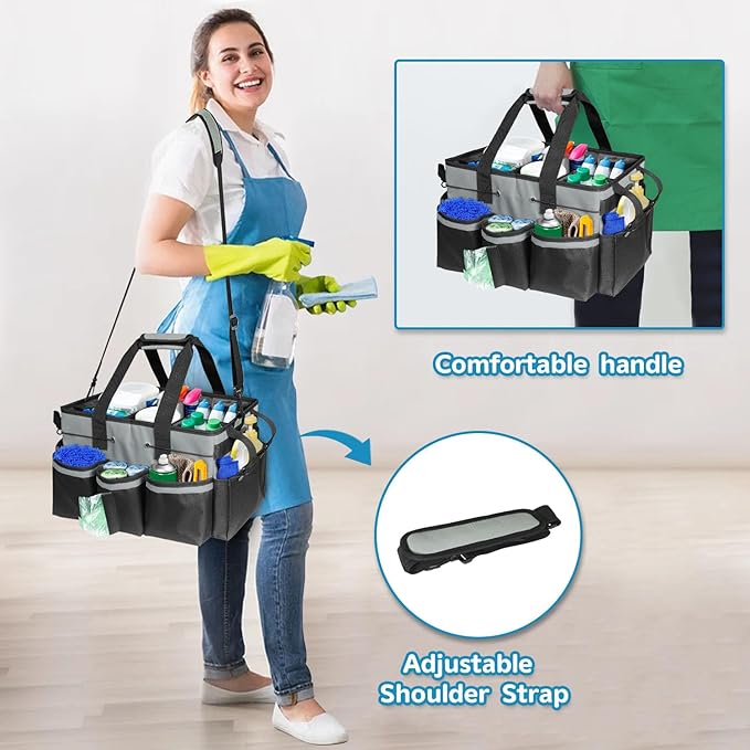 Cleaning Tool Organizer Bag with Handles | Large Waterproof Cleaning Caddy, 17.8x12.2x9.3in | Detachable Shoulder Strap & Dividers | for Car Detailing, Housekeeping, Cleaners (Grey)
