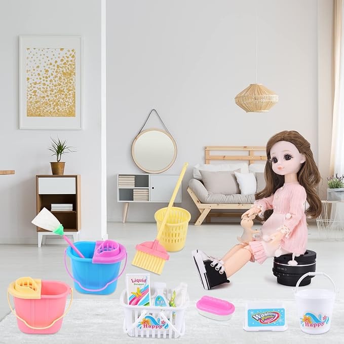 22 Pcs Miniature Dollhouse Cleaning Supplies Mini Bucket Mop Dust Pan Brush Broom Mini Housework Cute Cleaning Supplies Tools Miniature Furniture Dollhouse Decoration Accessories