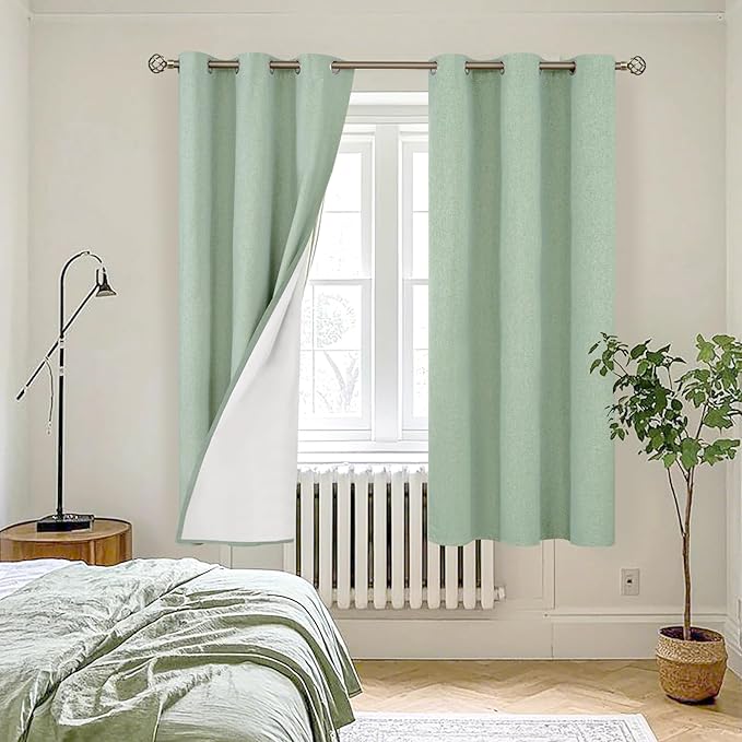YoungsTex Light Green Linen 100% Blackout Curtains 63 Inch Length for Bedroom/Living Room - Grommet Thermal Insulated Drapes Full Room Darkening with White Liner, 2 Panels, 42 X 63 Inch