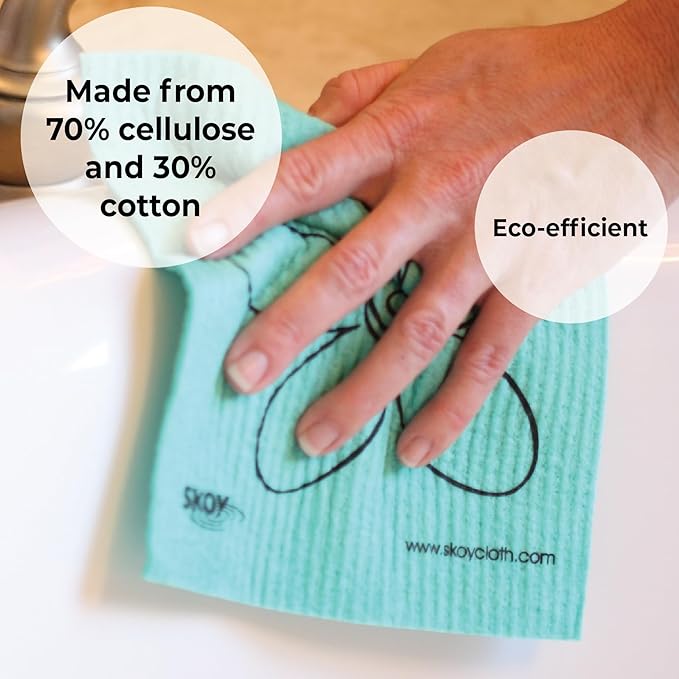 Skoy Cloth, 8-Pack Eco-Friendly and Reusable Swedish Dishcloth, for Kitchen and Household Use, Plastic-Free, Gray and Teal Color w/Hardware Design