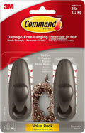 Command Medium Oil Rubbed Bronze Metal Hooks, 2 Hooks and 4 Strips, Damage-Free Wall Hook with Adhesive Strips, Forever Classic Hooks for Hanging Home Decor, Holds up to 3 lb