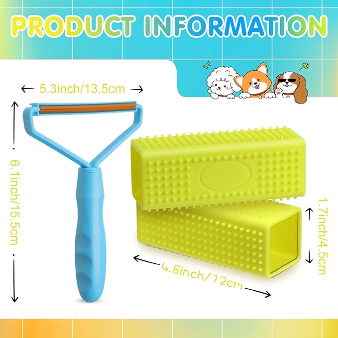 Honeydak 3 Pieces Hair Remover Tool Dog Hair Remover Pro Silicone Cleaner Brush Roller Fuzz Hairball Brush for Carpet Rake, Car Mat, Couch, Pet Bed, Clothes (Yellow, Light Blue)