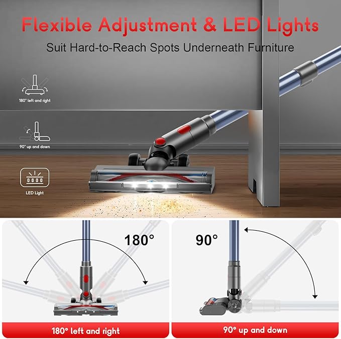 Cordless Stick Vacuum Cleaner - Rechargeable, 35Kpa Powerful Vacuums with Detachable Battery, LED Display, 45Mins Runtime, 8 in 1 Handheld Vacuum for Hardfloor & Carpets Pet Hair, Red